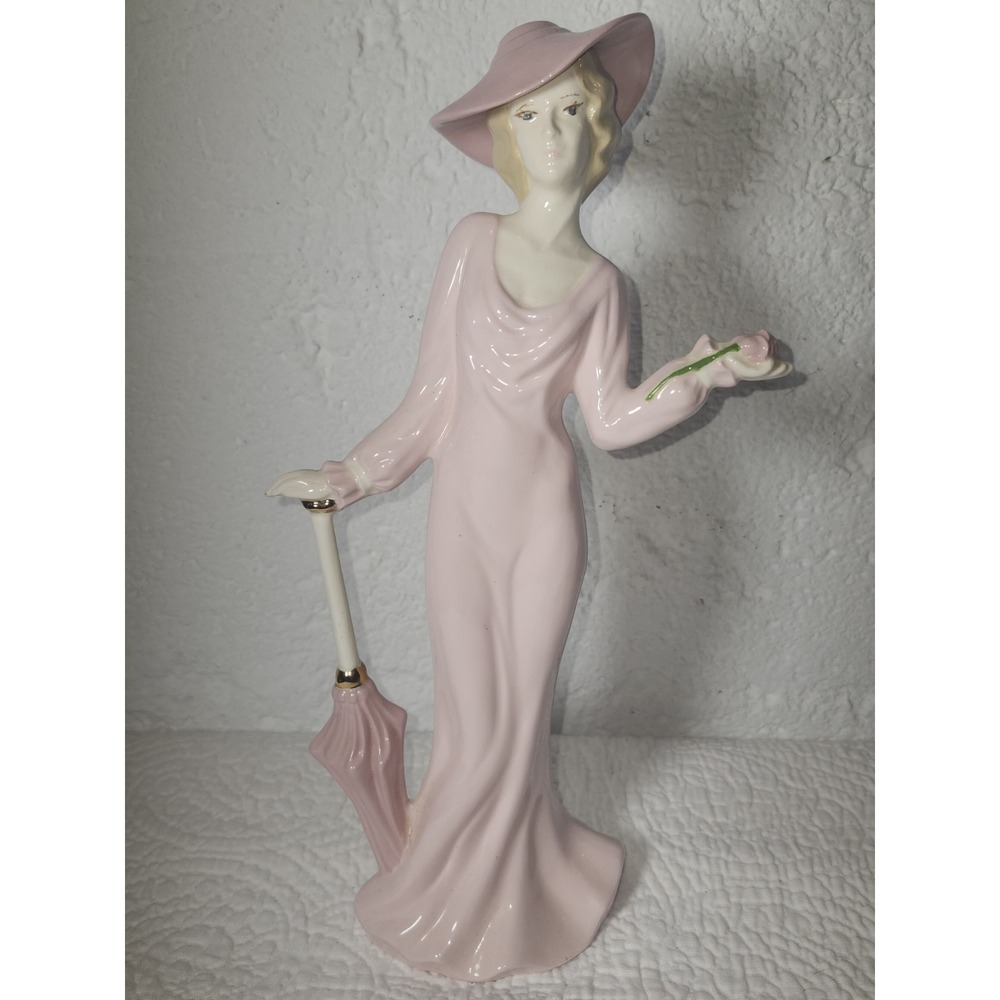 Vintage Art Deco Pink Lady With Umbrella Porcelain Figure 11" - Picture 2 of 10